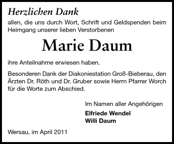 Traueranzeige von Marie Daum von Echo-Zeitungen (Gesamtausgabe)