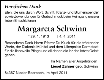 Traueranzeige von Margareta Schwinn von Echo-Zeitungen (Gesamtausgabe)