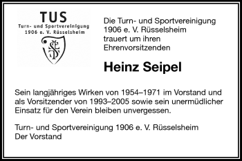 Traueranzeige von Heinz Seipel von Rüsselsheimer Echo, Groß-Gerauer-Echo, Ried Echo