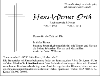 Traueranzeige von Hans-Werner Orth von Odenwälder Echo