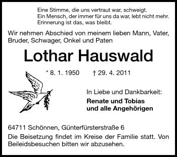 Traueranzeige von Lothar Hauswald von Odenwälder Echo