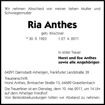 Traueranzeige von Ria Anthes von Echo-Zeitungen (Gesamtausgabe)