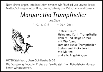Traueranzeige von Margarete Trumpfheller von Odenwälder Echo