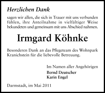 Traueranzeige von Irmgard Köhnke von Darmstädter Echo, Odenwälder Echo, Rüsselsheimer Echo, Groß-Gerauer-Echo, Ried Echo