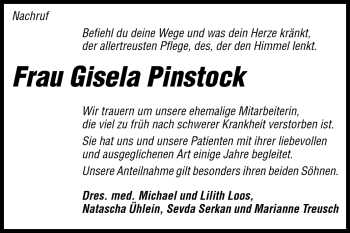 Traueranzeige von Gisela Pinstock von Darmstädter Echo, Odenwälder Echo, Rüsselsheimer Echo, Groß-Gerauer-Echo, Ried Echo