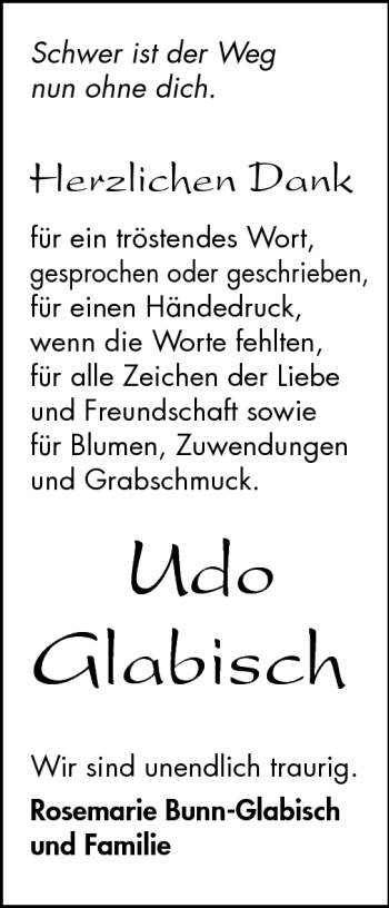 Traueranzeige von Udo Glabisch von Odenwälder Echo