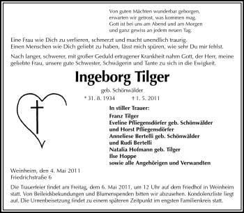 Traueranzeige von Ingeborg Tilger von Starkenburger Echo