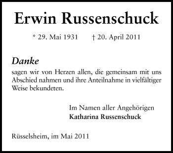 Traueranzeige von Erwin Russenschuck von Rüsselsheimer Echo, Groß-Gerauer-Echo, Ried Echo