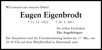 Traueranzeige von Eugen Eigenbrodt von Echo-Zeitungen (Gesamtausgabe)