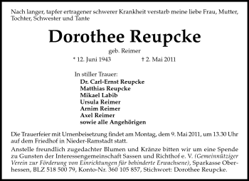 Traueranzeige von Dorothee Reupcke von Echo-Zeitungen (Gesamtausgabe)