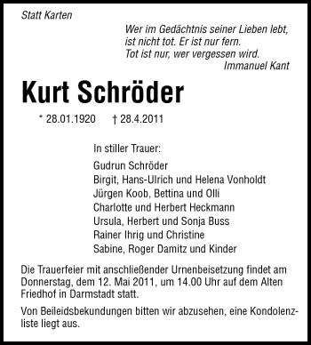 Traueranzeige von Kurt Schröder von Echo-Zeitungen (Gesamtausgabe)