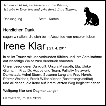 Traueranzeige von Irene Klar von Echo-Zeitungen (Gesamtausgabe)