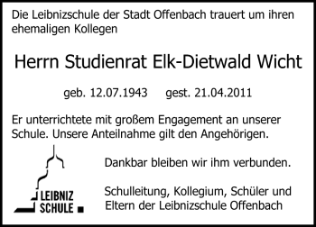 Traueranzeige von Elk-Dietwald Wicht von Echo-Zeitungen (Gesamtausgabe)