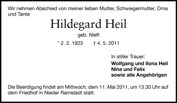 Traueranzeige von Hildegard Heil von Echo-Zeitungen (Gesamtausgabe)