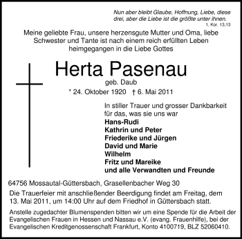 Traueranzeige von Herta Pasenau von Odenwälder Echo