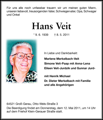 Traueranzeige von Hans Veit von Rüsselsheimer Echo, Groß-Gerauer-Echo, Ried Echo