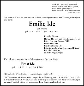 Traueranzeige von Emilie Ide von Odenwälder Echo