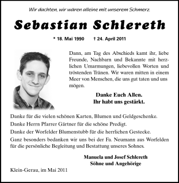 Traueranzeige von Sebastian Schlereth von Darmstädter Echo, Odenwälder Echo, Rüsselsheimer Echo, Groß-Gerauer-Echo, Ried Echo