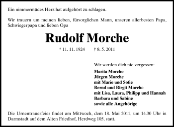 Traueranzeige von Rudolf Morche von Darmstädter Echo, Odenwälder Echo, Rüsselsheimer Echo, Groß-Gerauer-Echo, Ried Echo
