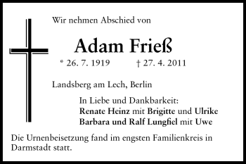 Traueranzeige von Adam Frieß von Darmstädter Echo, Odenwälder Echo, Rüsselsheimer Echo, Groß-Gerauer-Echo, Ried Echo