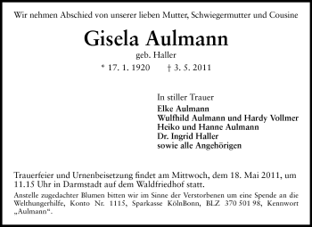 Traueranzeige von Gisela Aulmann von Darmstädter Echo, Odenwälder Echo, Rüsselsheimer Echo, Groß-Gerauer-Echo, Ried Echo