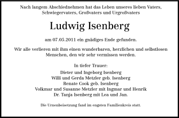 Traueranzeige von Ludwig Isenberg von Echo-Zeitungen (Gesamtausgabe)