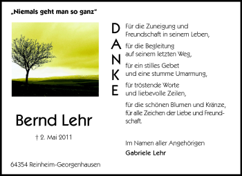 Traueranzeige von Bernd Lehr von Echo-Zeitungen (Gesamtausgabe)