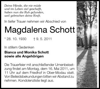 Traueranzeige von Magdalena Schott von Darmstädter Echo, Odenwälder Echo, Rüsselsheimer Echo, Groß-Gerauer-Echo, Ried Echo