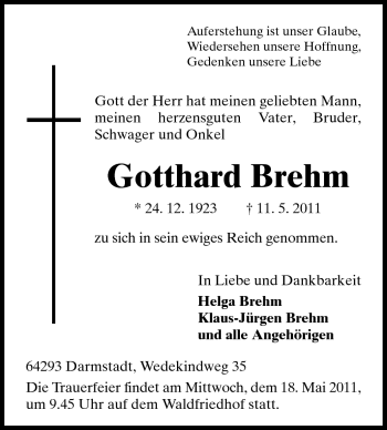 Traueranzeige von Gotthard Brehm von Darmstädter Echo, Odenwälder Echo, Rüsselsheimer Echo, Groß-Gerauer-Echo, Ried Echo