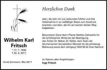 Traueranzeige von Wilhelm Karl Fritsch von Echo-Zeitungen (Gesamtausgabe)
