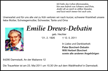 Traueranzeige von Emilie Drews-Debatin von Darmstädter Echo, Odenwälder Echo, Rüsselsheimer Echo, Groß-Gerauer-Echo, Ried Echo