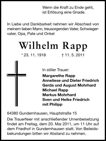 Traueranzeige von Wilhelm Rapp von Echo-Zeitungen (Gesamtausgabe)