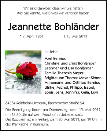 Traueranzeige von Jeannette Bohländer von Echo-Zeitungen (Gesamtausgabe)