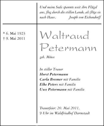 Traueranzeige von Waltraud Petermann von Darmstädter Echo, Odenwälder Echo, Rüsselsheimer Echo, Groß-Gerauer-Echo, Ried Echo