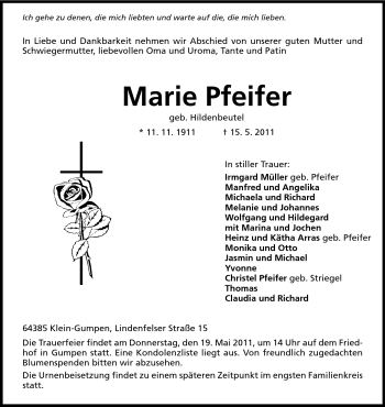 Traueranzeige von Marie Pfeifer von Odenwälder Echo