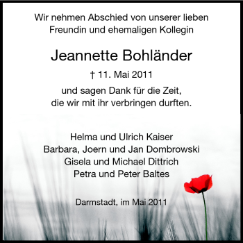 Traueranzeige von Jeannette Bohländer von Echo-Zeitungen (Gesamtausgabe)