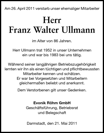 Traueranzeige von Franz Walter Ullmann von Echo-Zeitungen (Gesamtausgabe)