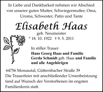 Traueranzeige von Elisabeth Haas von Odenwälder Echo