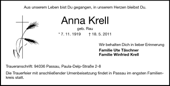 Traueranzeige von Anna Krell von Echo-Zeitungen (Gesamtausgabe)