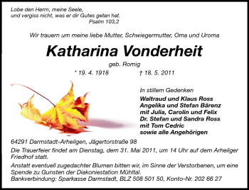 Traueranzeige von Katharina Vonderheit von Echo-Zeitungen (Gesamtausgabe)