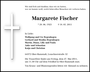 Traueranzeige von Margarete Fischer von Echo-Zeitungen (Gesamtausgabe)