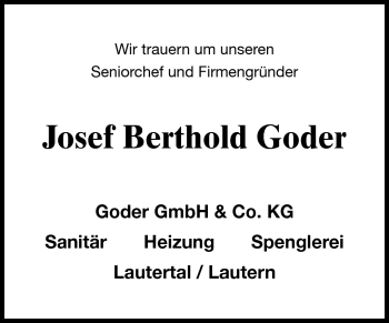 Traueranzeige von Josef Berthold Goder von Echo-Zeitungen (Gesamtausgabe)