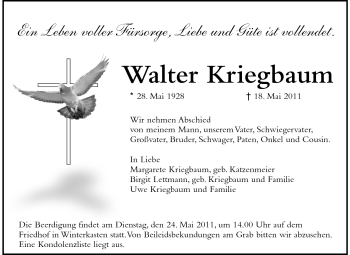 Traueranzeige von Walter Kriegbaum von Echo-Zeitungen (Gesamtausgabe)