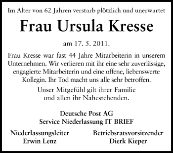 Traueranzeige von Ursula Kresse von Echo-Zeitungen (Gesamtausgabe)