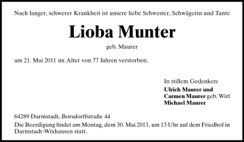 Traueranzeige von Lioba Munter von Darmstädter Echo, Odenwälder Echo, Rüsselsheimer Echo, Groß-Gerauer-Echo, Ried Echo