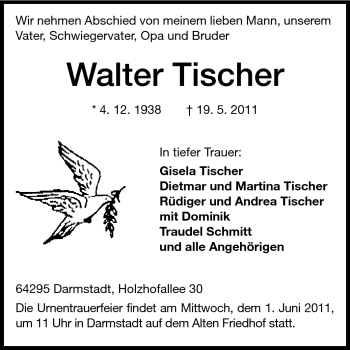 Traueranzeige von Walter Tischer  von Echo-Zeitungen (Gesamtausgabe)
