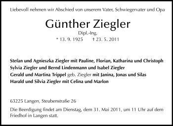 Traueranzeige von Günther Ziegler von Darmstädter Echo, Odenwälder Echo, Rüsselsheimer Echo, Groß-Gerauer-Echo, Ried Echo