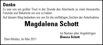 Traueranzeige von Magdalena Schott von Darmstädter Echo, Odenwälder Echo, Rüsselsheimer Echo, Groß-Gerauer-Echo, Ried Echo