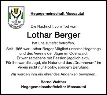Traueranzeige von Lothar Berger  von Odenwälder Echo
