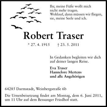 Traueranzeige von Robert Traser von Darmstädter Echo, Odenwälder Echo, Rüsselsheimer Echo, Groß-Gerauer-Echo, Ried Echo